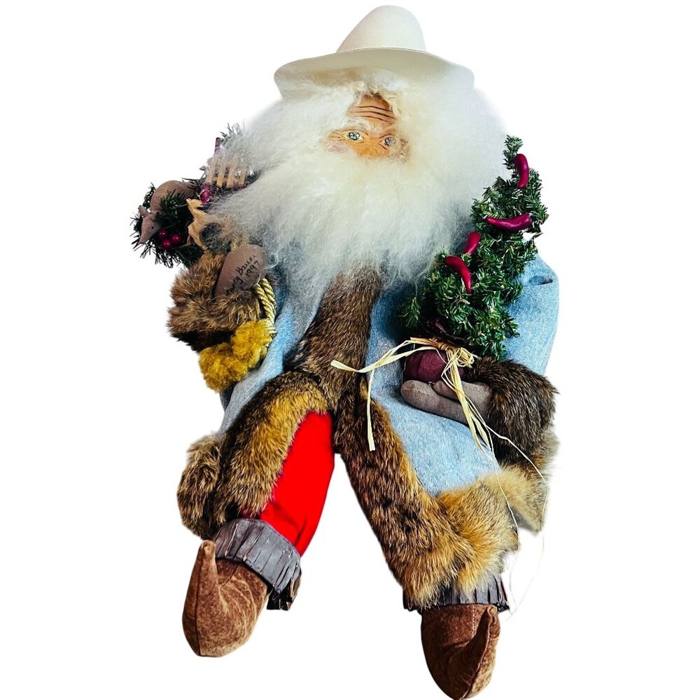 1997 Texas Santa Clause Sitter Posable Peppers Cowboy Hat Armadillo‎ Artisan 24"